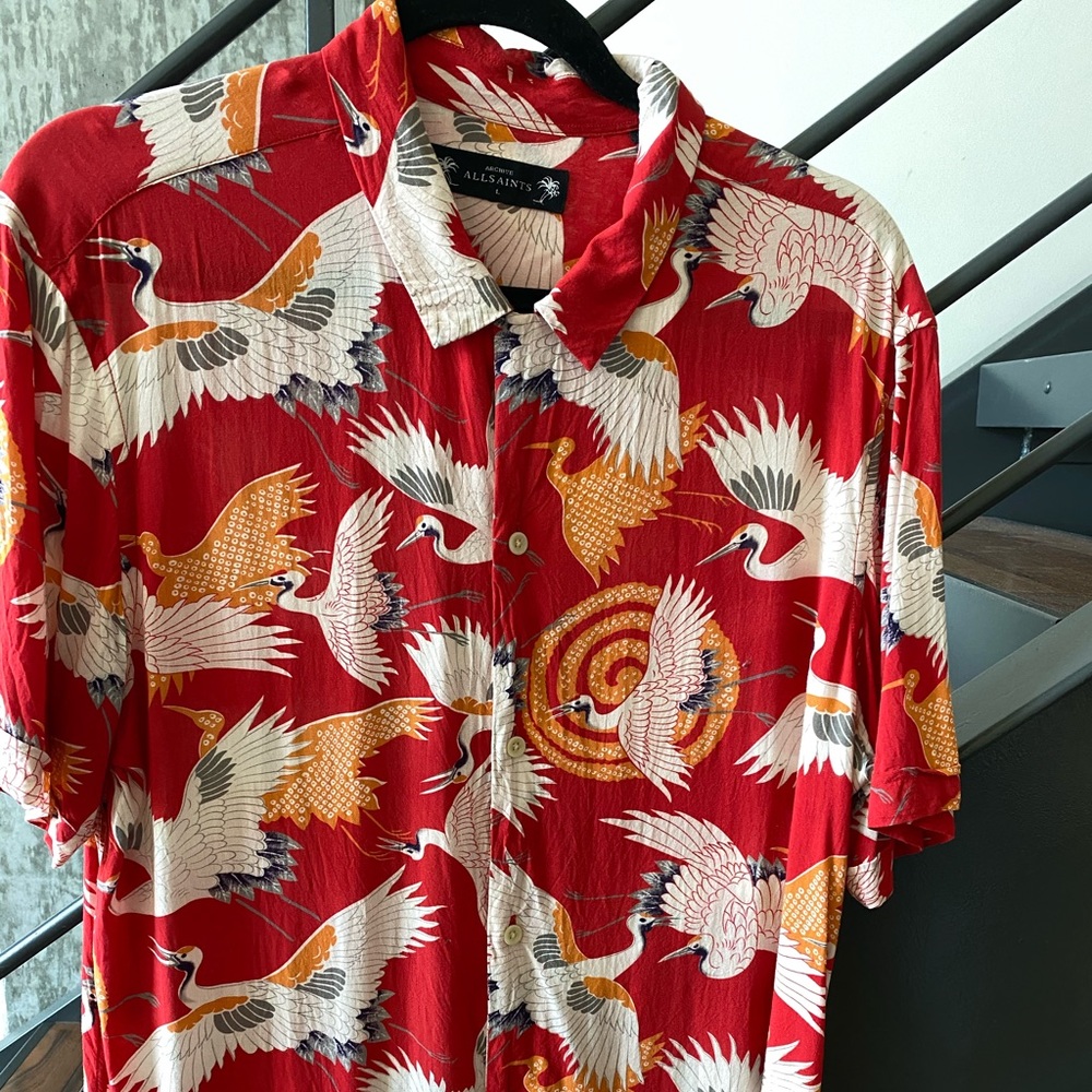 ALLSAINTS Red Tsuru birds shirt